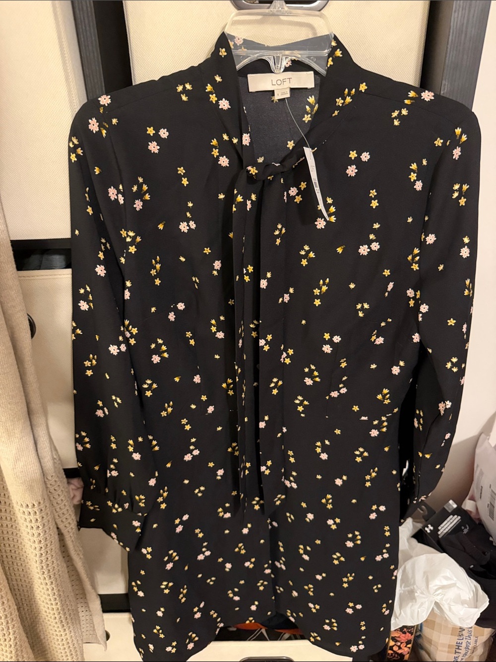 LOFT Black Floral Tie-Neck Long Sleeve Dress with Yellow and Pink flowers